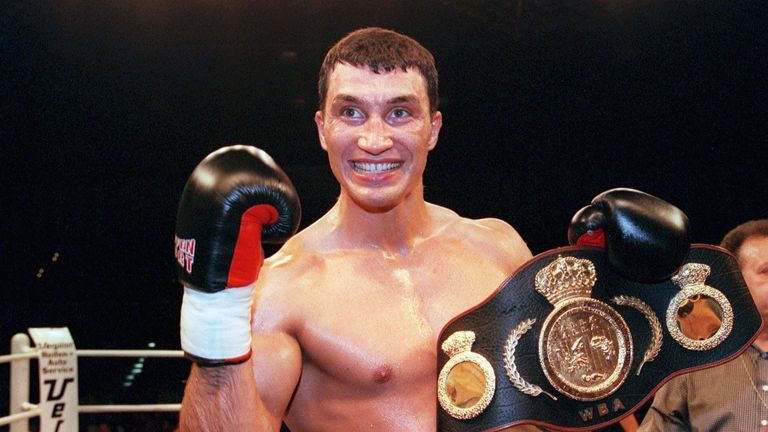 Wladimir Klitschko poses with the WBA Inter-Continental heavyweight title after beating Joseph Chingangu in 1999.