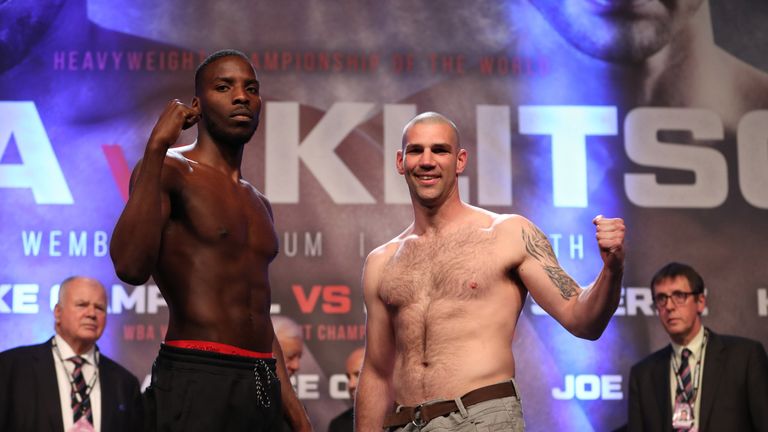Lawrence Okolie and Russ Henshaw stand together after weighing in ahead of their fight at Wembley Stadium.