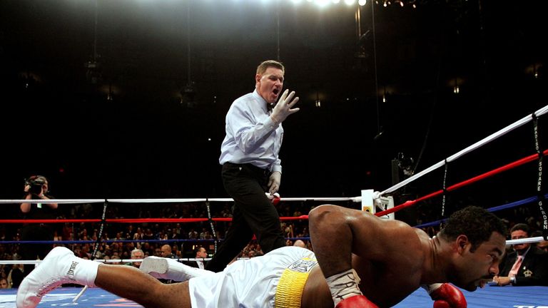 Calvin Brock lays on the mat after being knocked down by Wladimir Klitschko at Madison Square Garden in New York. 