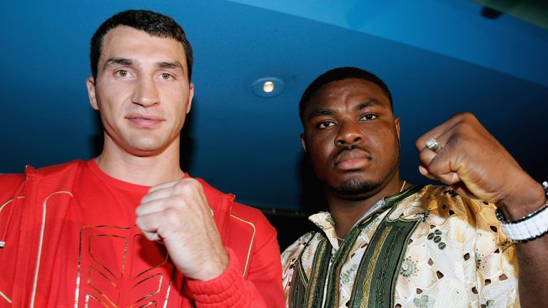 Wladimir Klitschko and Samuel Peter pose during the press conference at Planet Hollywood on September 20, 2005 in New York City.