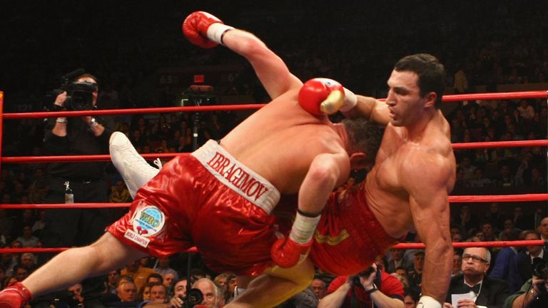 Wladimir Klitschko and Sultan Ibragimov fall to the canvas during their fight at Madison Square Garden in February 2008.