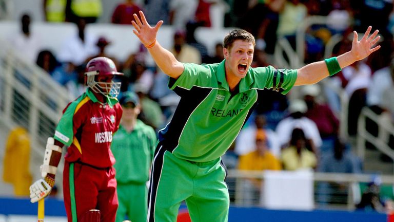 Ireland's Boyd Rankin appeals unsuccessfully for the wicket of West Indies' Shivnarine Chanderpaul (left) during their ICC Cricket World Cup 2007 Group D m
