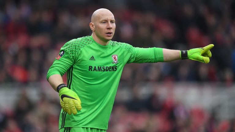 MIDDLESBROUGH, ENGLAND - MARCH 11: Brad Guzan of Middlesbrough in action during The Emirates FA Cup Quarter-Final match between Middlesbrough and Mancheste