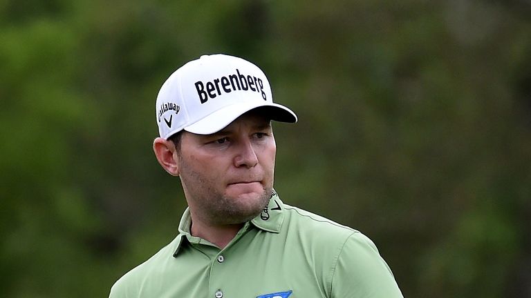SAN ANTONIO, TX - APRIL 20:  Branden Grace of South Africa reacts to his putt on the fifth green during the first round of the Valero Texas Open at TPC San