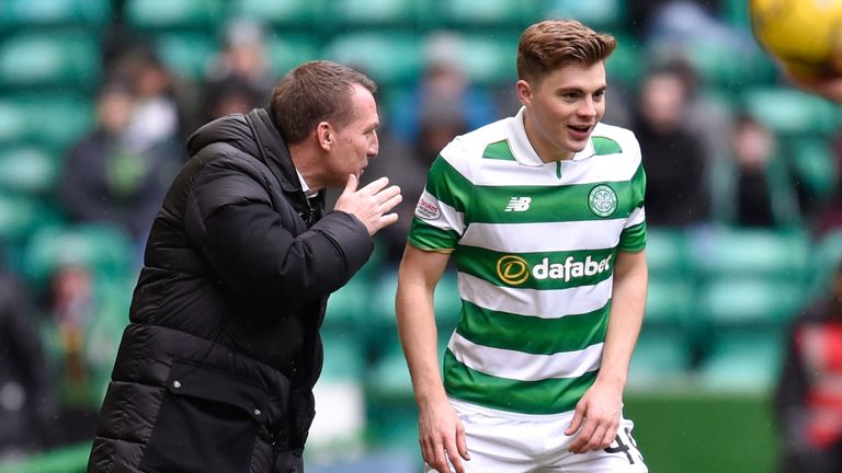 Celtic manager Brendan Rodgers (left) with James Forrest