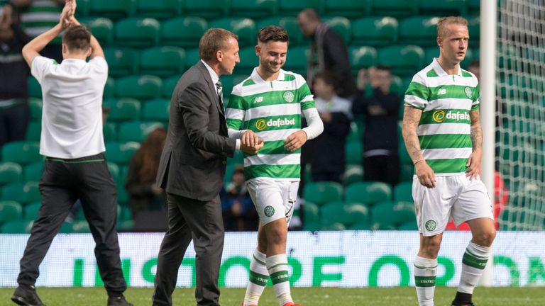Celtic manager Brendan Rodgers shakes the hand of Patrick Roberts