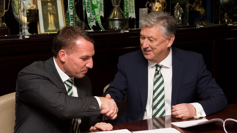 A picture to gladden the hearts of Celtic supporters as Brendan Rodgers signs his new deal alongside chief executive Peter Lawwell