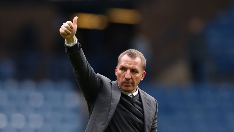 GLASGOW, SCOTLAND - APRIL 29: Brendan Rodgers manager of Celtic applauds supporters following the full time whistle in the Ladbrokes Scottish Premiership