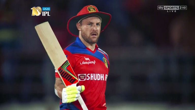 Brendon McCullum celebrates after racing to 50 against RCB
