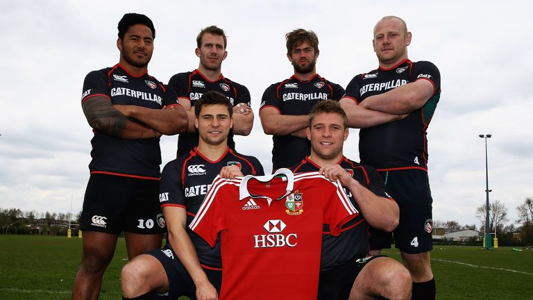 LEICESTER, ENGLAND - APRIL 30:  (L to R) Manu Tuilagi, Tom Croft, Ben Youngs, Geoff Parling, Tom Youngs and Dan Cole of Leicester Tigers pictured after bei