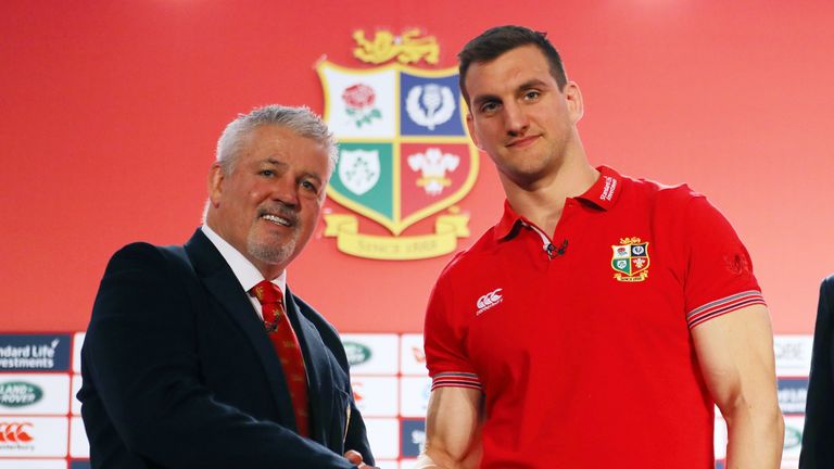 Warren Gatland shakes hands with Sam Warburton during the British and Irish Lions tour squad announcement