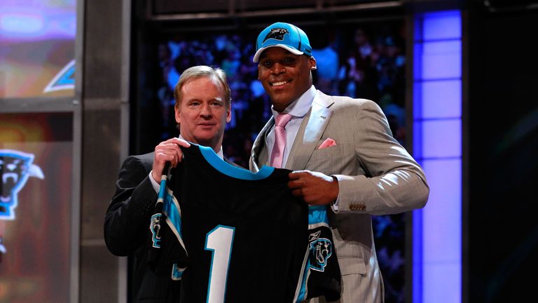 NEW YORK, NY - APRIL 28:  NFL COmmissioner Roger Goodell poses for a photo with Carolina Panthers #1 overall pick Cam Newton from Auburn during the 2011 NF