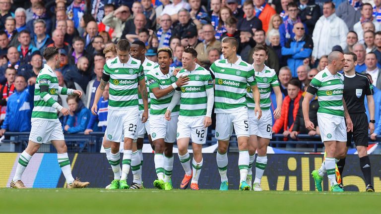 Callum McGregor is congratulated by team-mates after opening the scoring for Celtic