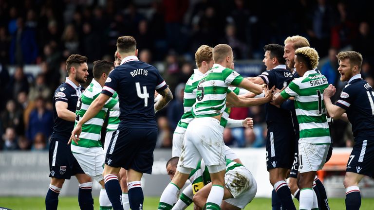 Celtic's Scott Brown receives a red card for his challenge on Liam Boyce