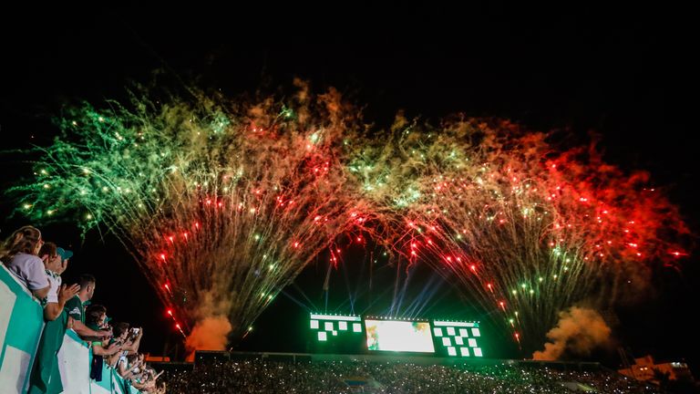 CHAPECO, BRAZIL - APRIL 04: Fireworks light the stadium after the Recopa Sul-Americana 2017 final first leg match between Chapecoense and Atletico Nacional