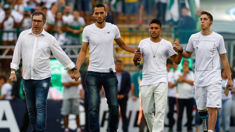 CHAPECO, BRAZIL - APRIL 04: Survivors of the November 28, 2016 plane crash in Colombia that killed most of the Chapecoense football team, (L-R) Rafael Henz