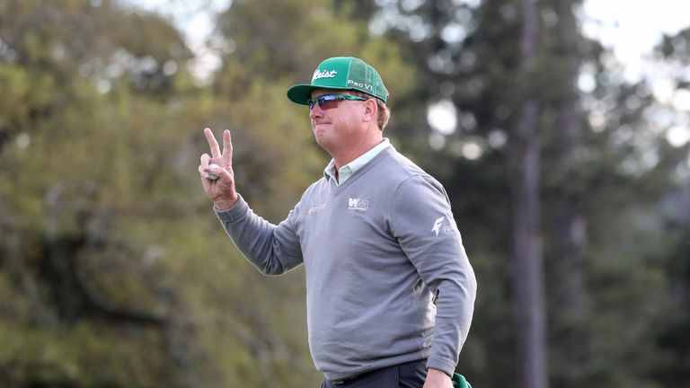 AUGUSTA, GA - APRIL 06:  Charley Hoffman of the United States waves on the 18th hole during the first round of the 2017 Masters Tournament at Augusta Natio