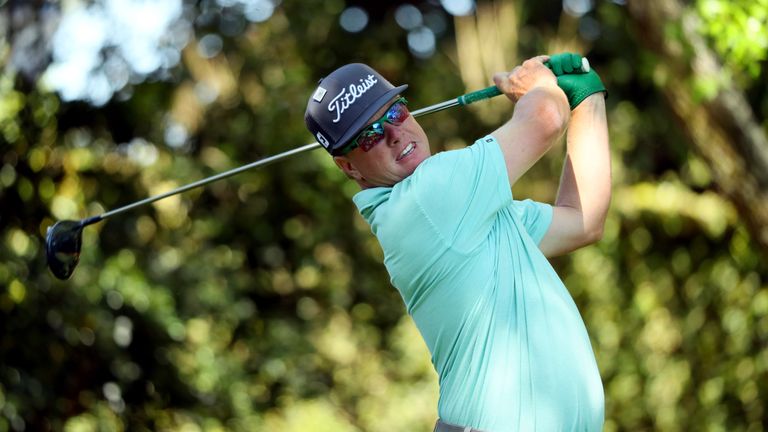 Charley Hoffman of the United States plays his shot from the second tee during the third round of the 2017 Masters Tournament at A