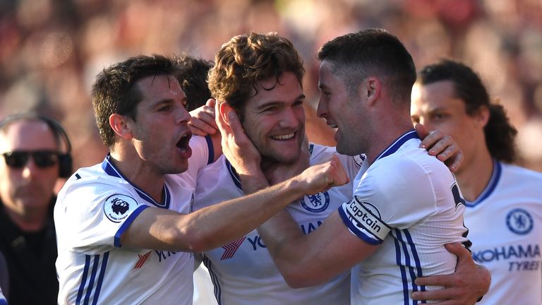 Marcos Alonso celebrates scoring Chelsea's third in the 3-1 win at Bournemouth