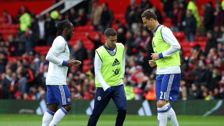 Chelsea's Victor Moses (L - R), Eden Hazard and Nemanja Matic warm up before the Premier League match v Man United at Old Trafford, Manchester