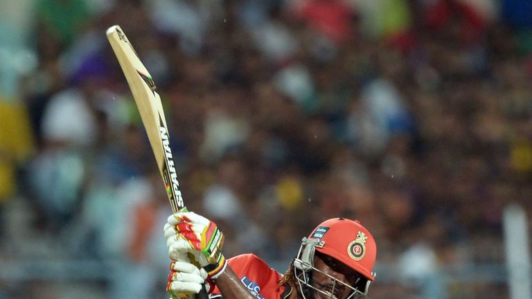 Royal Challengers Bangalore Chris Gayle  plays a shot during the 2016 Indian Premier League (IPL) Twenty20 cricket match between Kolkata Knight Riders and 