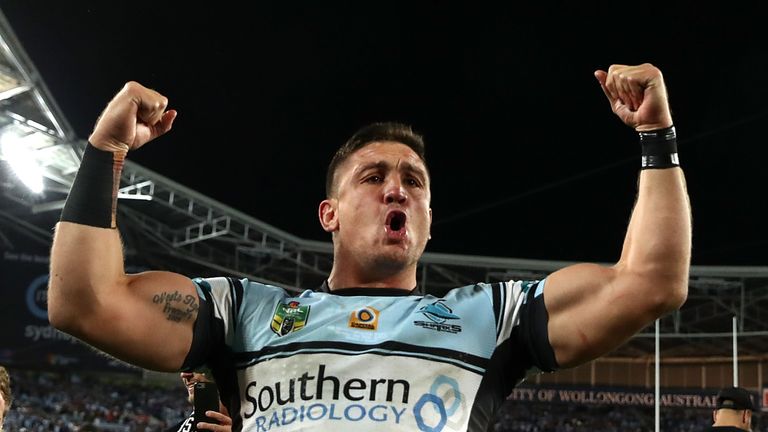 Chris Heighington of the Sharks celebrates winning the 2016 NRL Grand Final