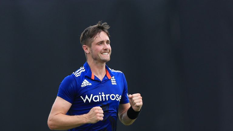 England cricketer Chris Woakes reacts after dismissing Bangladesh cricketer Imrul Kayes during the second one day international(ODI) cricket match