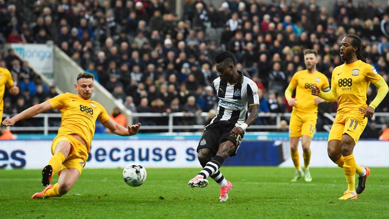 Christian Atsu of Newcastle United scores their second goal against Preston