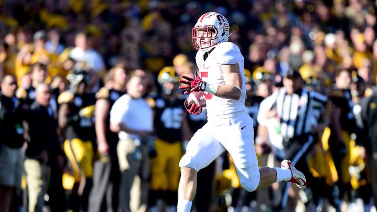 PASADENA, CA - JANUARY 01:  Christian McCaffrey #5 of the Stanford Cardinal catches a 75 yard touchdown pass on the first play of the game against the Iowa