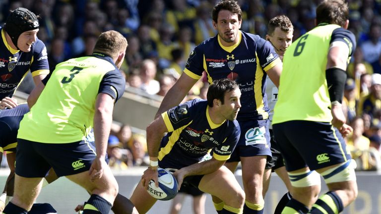 ASM Clermont French scrum-half Morgan Parra (C) clears the ball during the European Rugby Champions Cup semi-final match between ASM Clermont and Leinster 