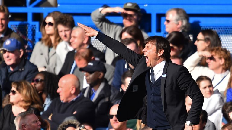 Antonio Conte gestures on the touchline at Stamford Bridge