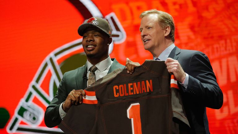 CHICAGO, IL - APRIL 28:  (L-R) Corey Coleman of Baylor holds up a jersey with NFL Commissioner Roger Goodell after being picked #15 overall by the Clevelan