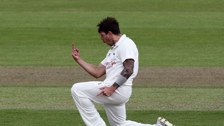 James Pattinson of Nottinghamshire celebrates the wicket of Stiaan Van Zyl of Sussex