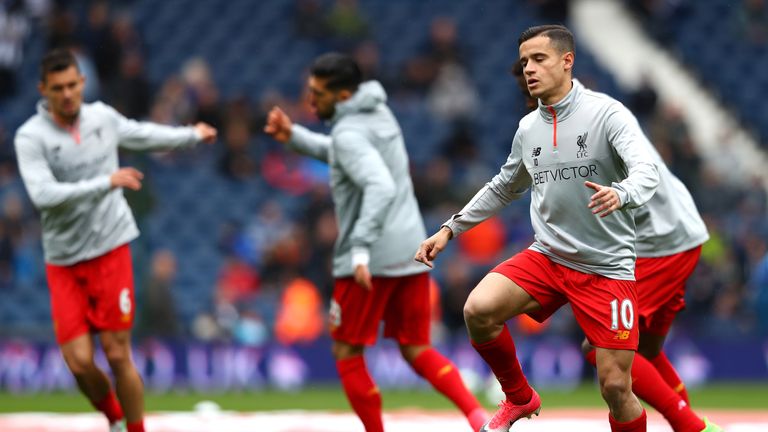 Philippe Coutinho of Liverpool warms up prior to the Premier League match between West Bromwich Albion and Liverpool 