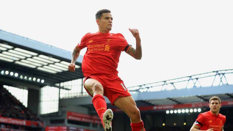 Liverpool's Philippe Coutinho celebrates scoring his side's second goal during the Premier League match at Anfield, Liverpool.