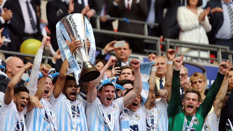 LONDON, ENGLAND - APRIL 02:  Coventry City lift the trophy to celebrate winning the EFL Checkatrade Trophy Final between Coventry City v Oxford United at W