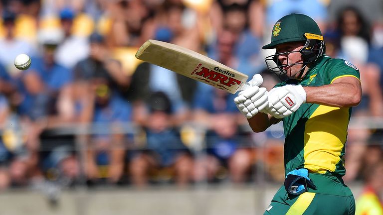 AB de Villiers bats during the third ODI between New Zealand and South Africa at Westpac Stadium