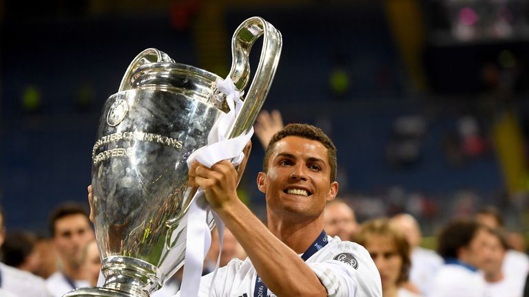 Cristiano Ronaldo of Real Madrid lifts the Champions League trophy after the UEFA Champions League Final match between Real Madrid 