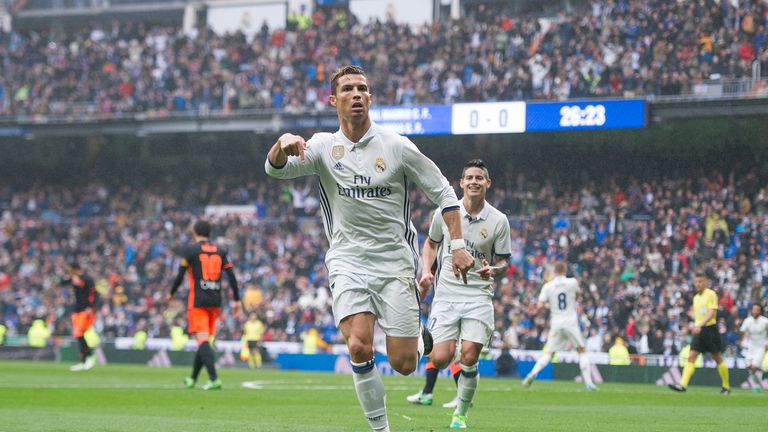 MADRID, SPAIN - APRIL 29:  Cristiano Ronaldo of Real Madrid celebrates after scoring Real's opening goal  during the La Liga match
