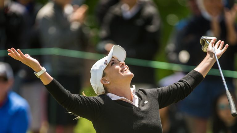 IRVING, TX - APRIL 30: Cristie Kerr of the United States reacts to making a birdie putt at the eighth hole during the  final round of the Volunteers of Ame