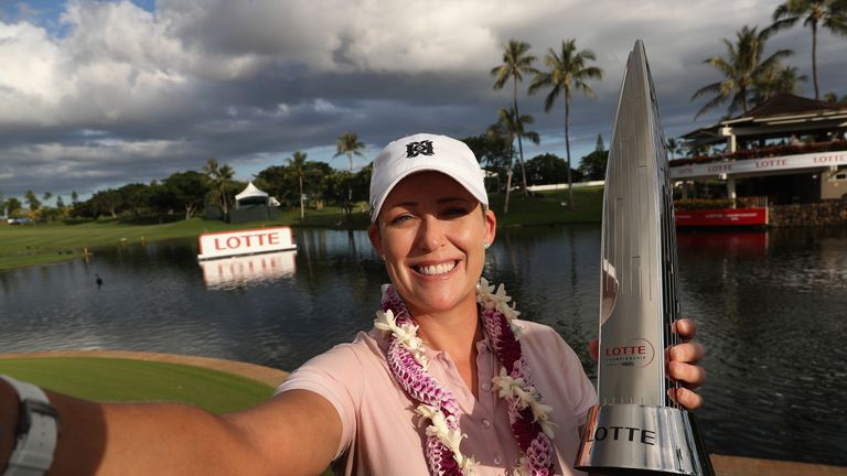 KAPOLEI, HI - APRIL 15:  Cristie Kerr poses for selfie after winning in the final round of the LPGA LOTTE Championship Presented By Hershey at Ko Olina Gol