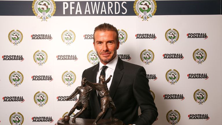 David Beckham OBE who has won the PFA award for Outstanding Contribution to Football during the 2016 PFA Awards at the Grosvenor House Hotel, London