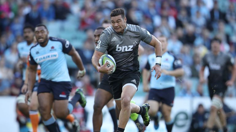 David Havili of the Crusaders breaks away to score a try