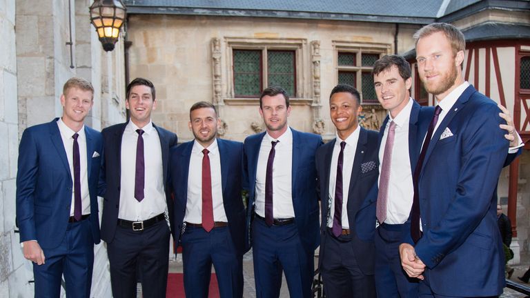 ROUEN, FRANCE (L-R) Kyle Edmund, Cameron Norrie, Dan Evans, captain Leon Smith, Jay Clarke, Jamie Murray and Dominic Inglot of Great Britain