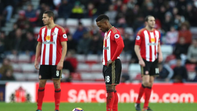=Jermain Defoe of Sunderland is dejected after Stoke City score during the Premier League match between Sunderland and Stoke