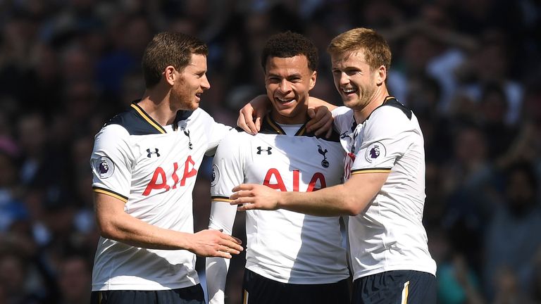 Dele Alli celebrates scoring for Tottenham against Watford with Jan Vertonghen (left) and Eric Dier 