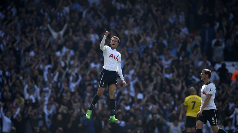 Dele Alli celebrates scoring Tottenham's first goal against Watford 