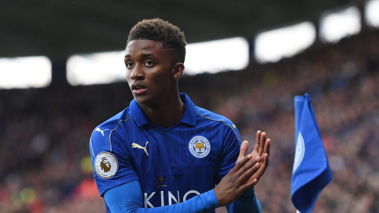 Demarai Gray of Leicester City shows appreciation to the fans during the Premier League match between Leicester City and Stoke