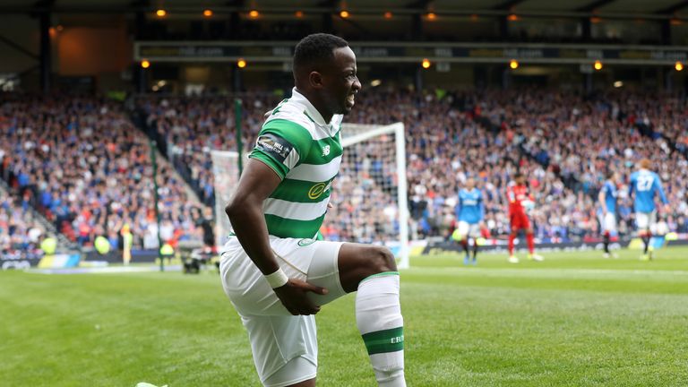 GLASGOW, SCOTLAND - APRIL 23:  Moussa Dembele of Celtic reacts after his injury during the Scottish Cup Semi-Final match between Celtic and Rangers at Hamp