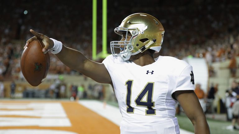 AUSTIN, TX - SEPTEMBER 04:  DeShone Kizer #14 of the Notre Dame Fighting Irish celebrates scoring a 29-yard rushing touchdown during the third quarter agai